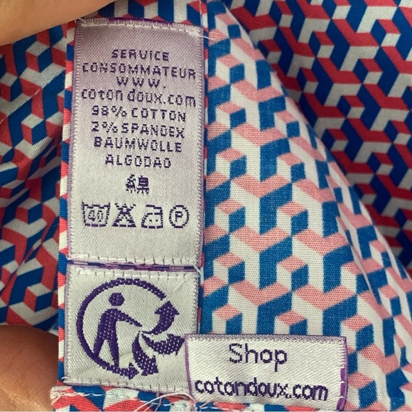 NWT COTON DOUX Paris Geo Print Button Front Shirt Cotton Poplin Pink Navy Blue - Picture 12 of 15